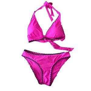 Lucky Brand 2 Piece Swimsuit Medium Pink Bikini Top & Hipster Bottom Embroidered